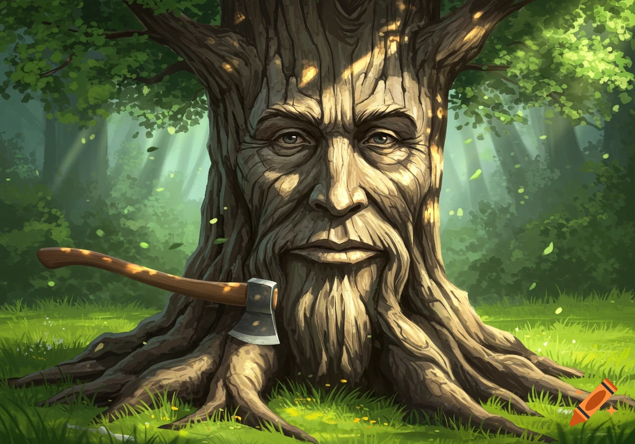 Illustration of a tree with an old human face carved into its bark, an axe leaning against its roots in a sunlit forest.
