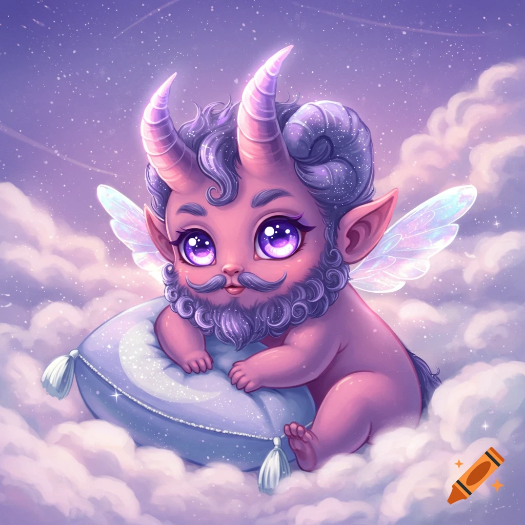 Cute purple baby demon with horns, beard, and wings sitting on a pillow in clouds, anime style.