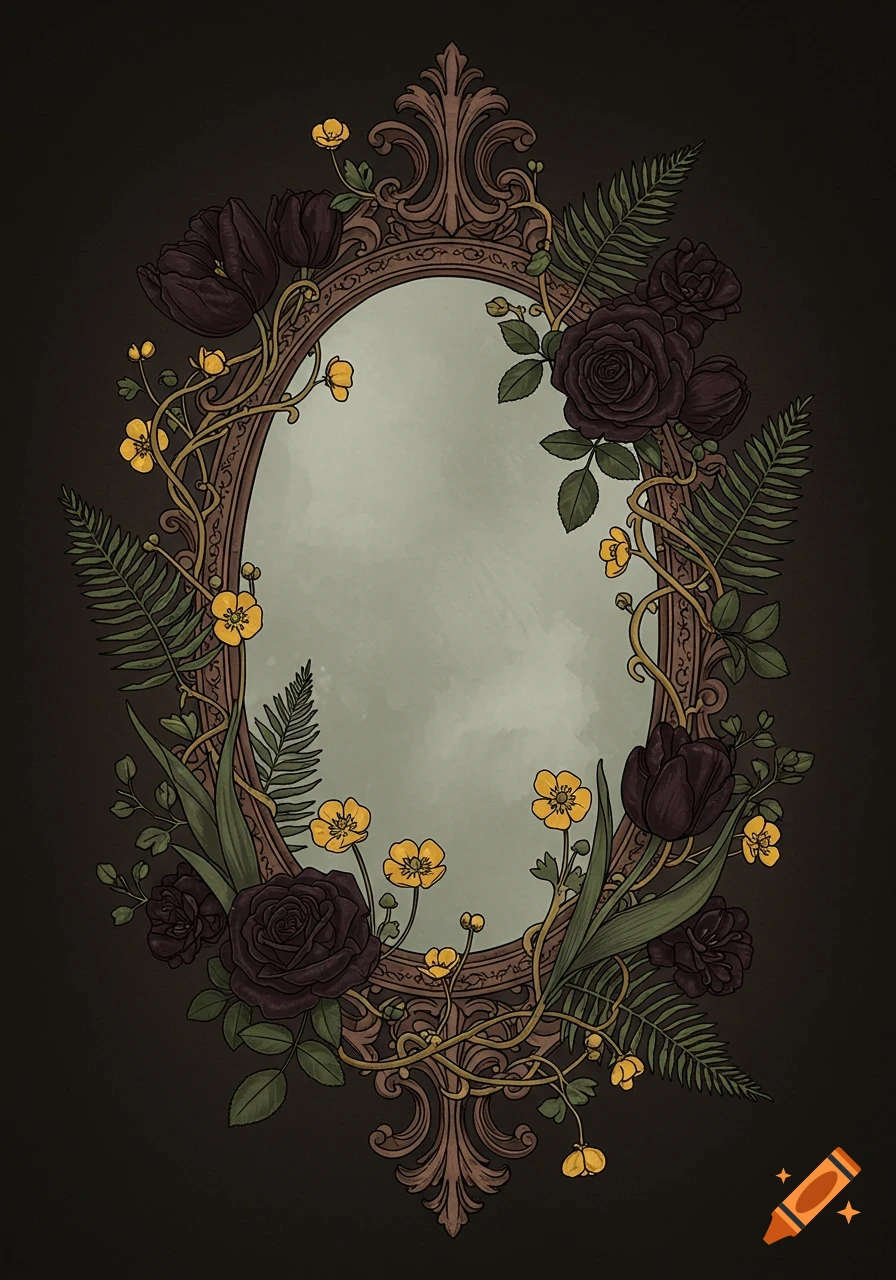 An ornate, oval mirror with an empty reflection is framed by dark roses, tulips, buttercups, and green ferns and vines on a dark background.