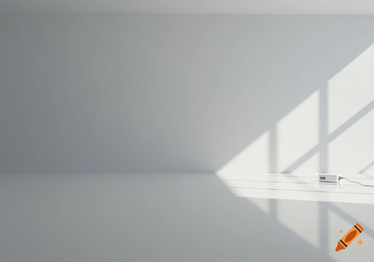 An empty white room bathed in sunlight with geometric shadows, a small white charger sits in the corner with a black cable.