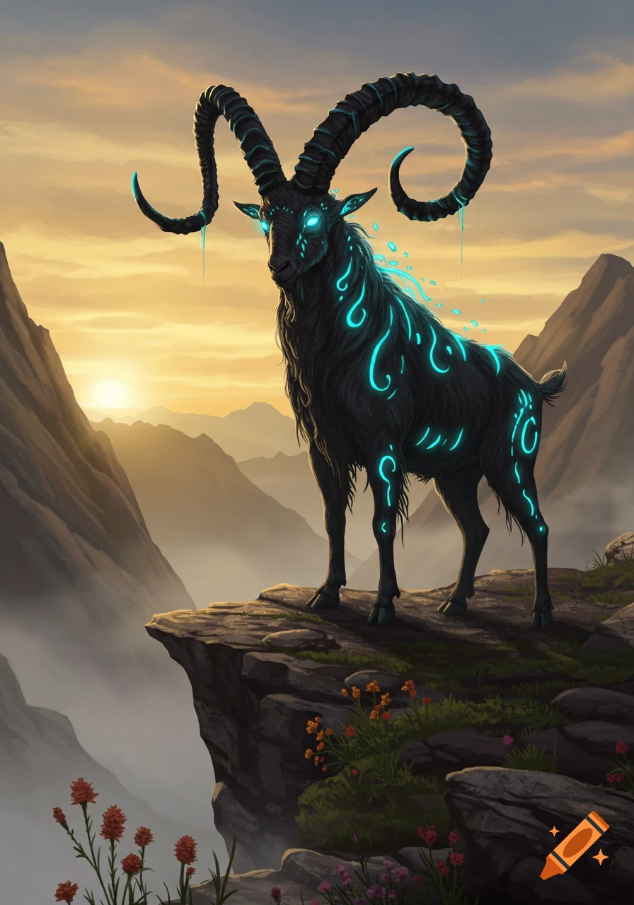 A mystical black goat with glowing blue markings stands on a mountain peak at sunset.