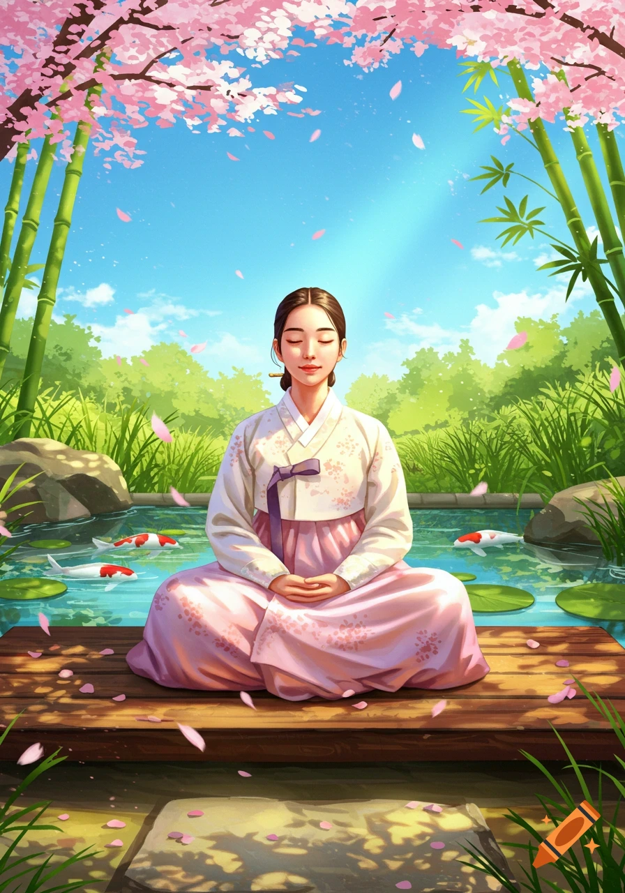 A Korean woman in a traditional hanbok meditating on a wooden dock beside a pond with koi fish, under cherry blossoms and bamboo.