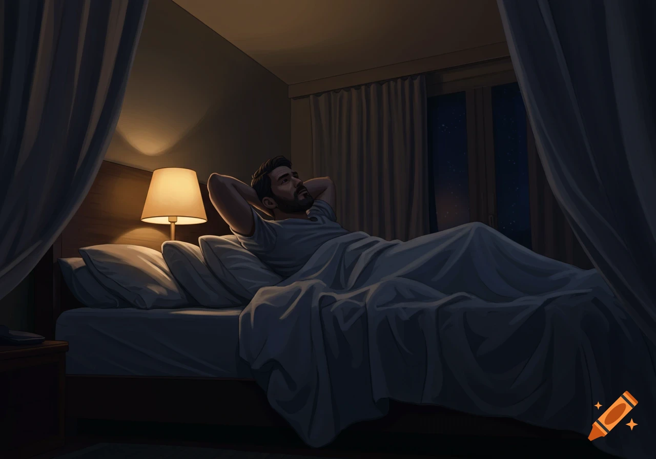 An illustration of a man lying awake in bed at night, hands behind his head, looking up at the ceiling. A lamp lights the bedside.