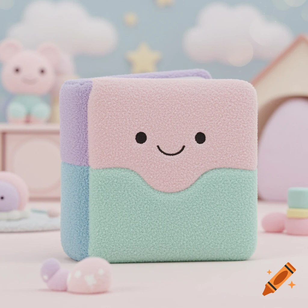 A soft, pastel-colored plush toy shaped like a book with a smiling face, set in a cozy, blurred background with other toys.