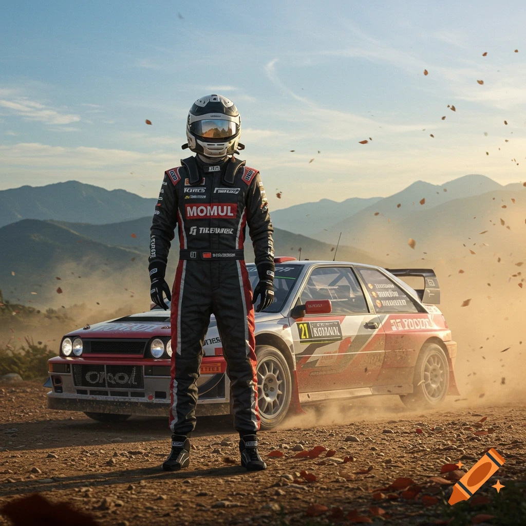 A person in a black and red racing suit and helmet stands on a dusty dirt road, looking towards the viewer. Behind them is a red and white rally car, kicking up dust in a mountainous, sunny landscape.