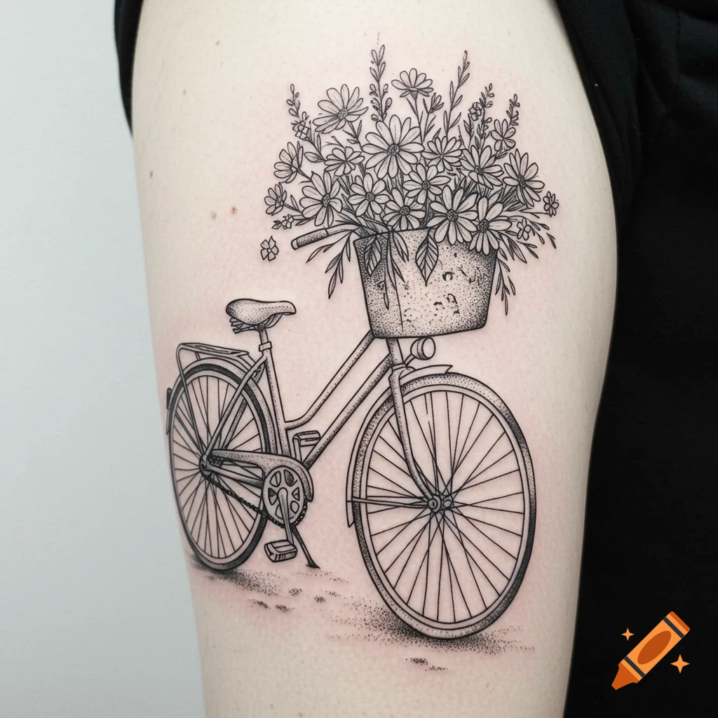 Black and white tattoo of a vintage bicycle with a basket full of daisies and flowers, rendered in line art and stippling.