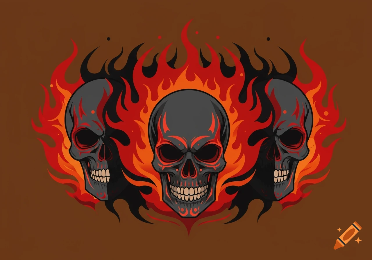 Three stylized black and red skulls engulfed in orange and red flames on a brown background.