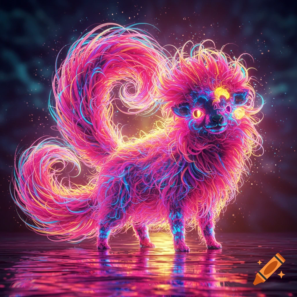 A vibrant, fluffy, neon-glowing fantasy creature with pink and blue fur and yellow eyes stands on a reflective surface.