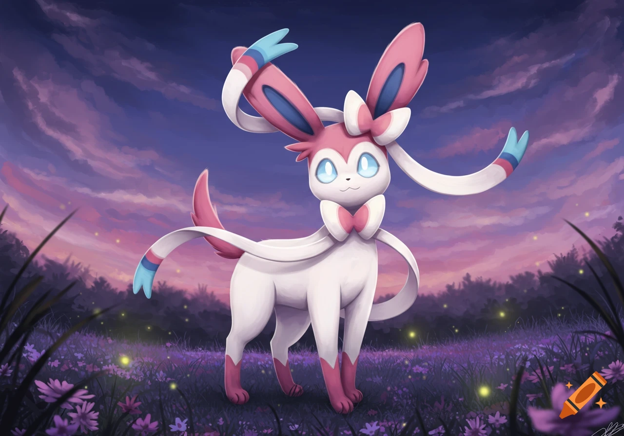 A pink and white Sylveon stands in a field of purple flowers under a vibrant pink and blue twilight sky.