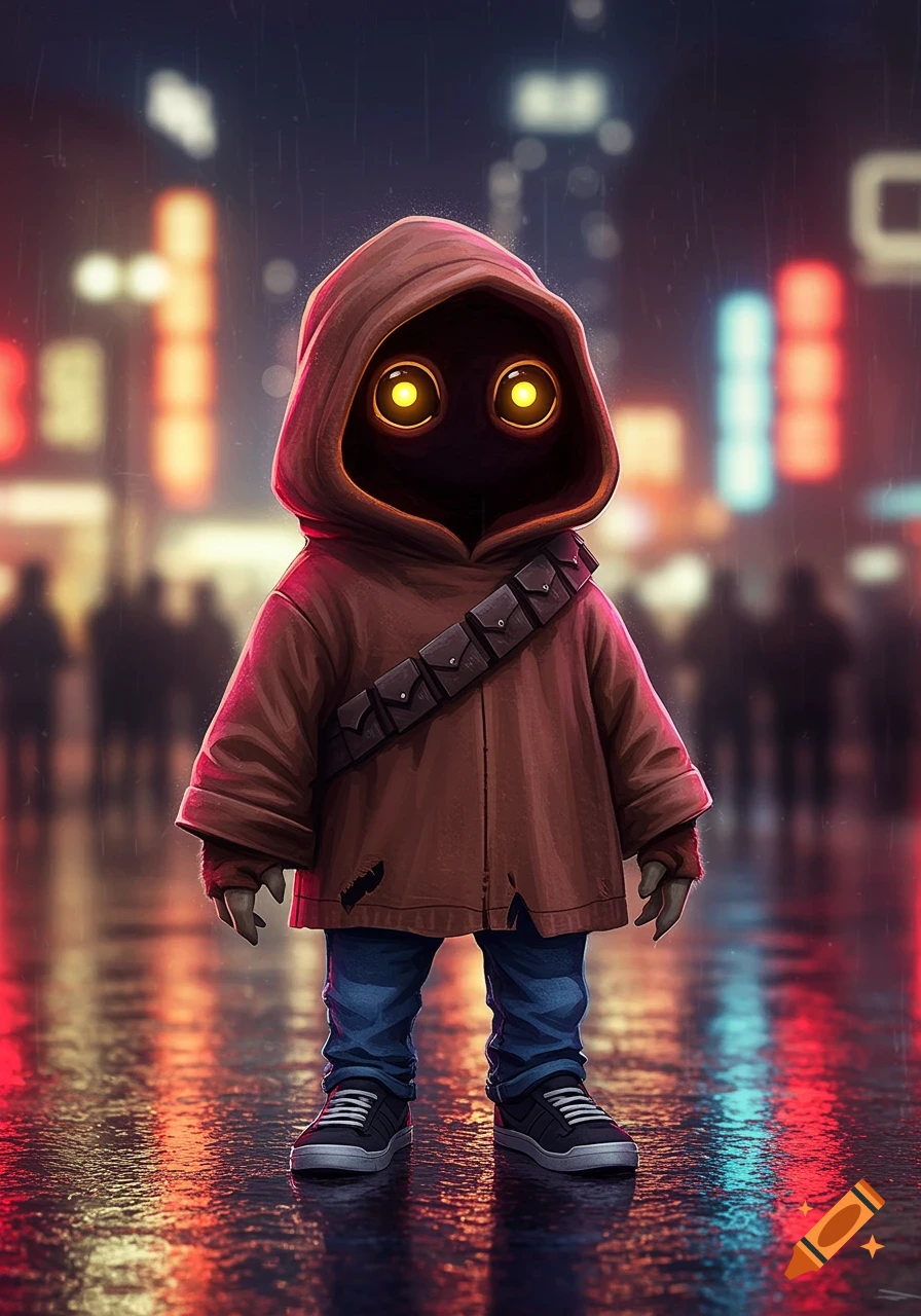 A Star Wars Jawa in a brown hooded sweater, blue jeans, and sneakers stands on a wet street at night. Neon city lights reflect on the ground.