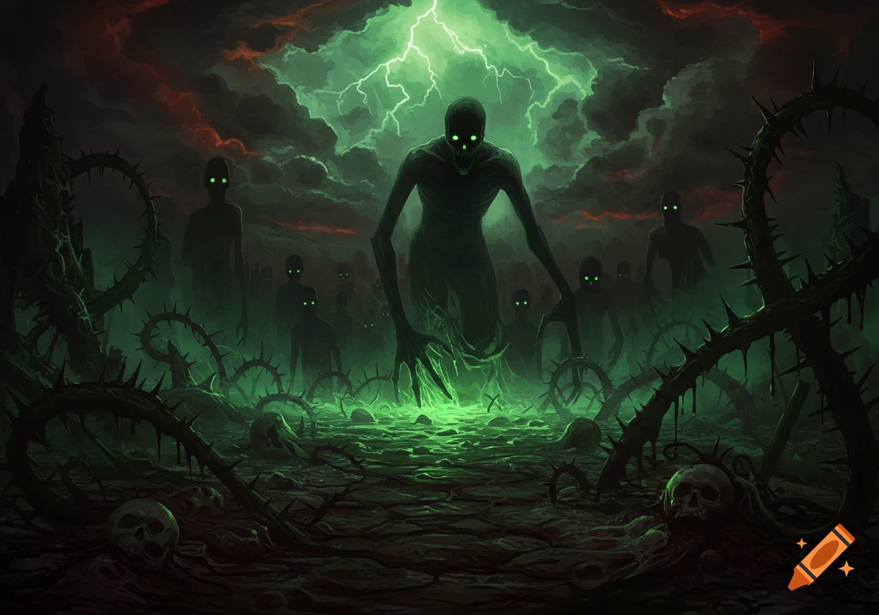 A dark horror scene featuring skeletal creatures with glowing green eyes, thorny vines, and skulls under a green lightning sky.