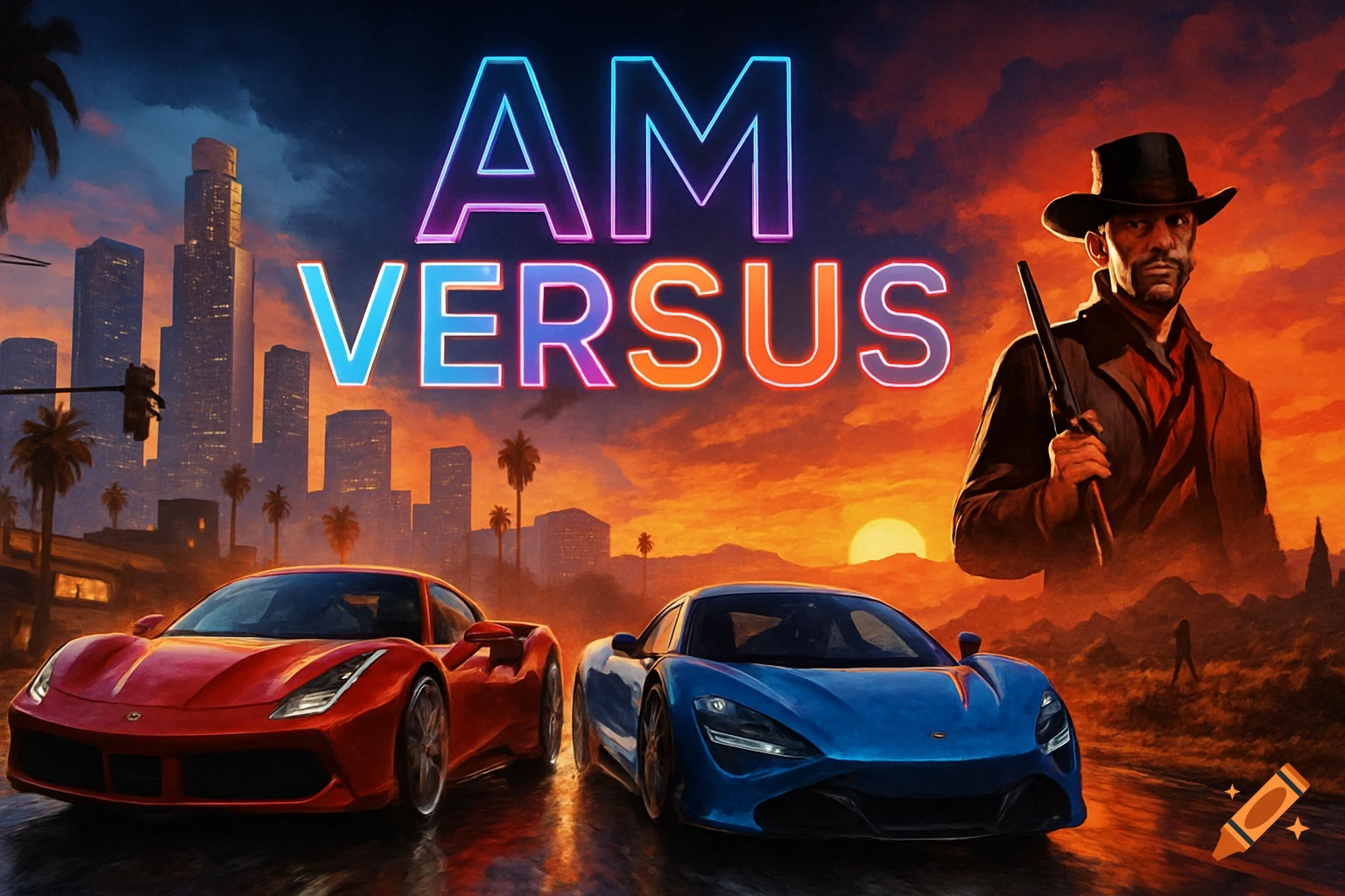Red and blue sports cars on a street at sunset with a city skyline in the background. Neon "AM VERSUS" text is above, and a man with a rifle stands on the right.