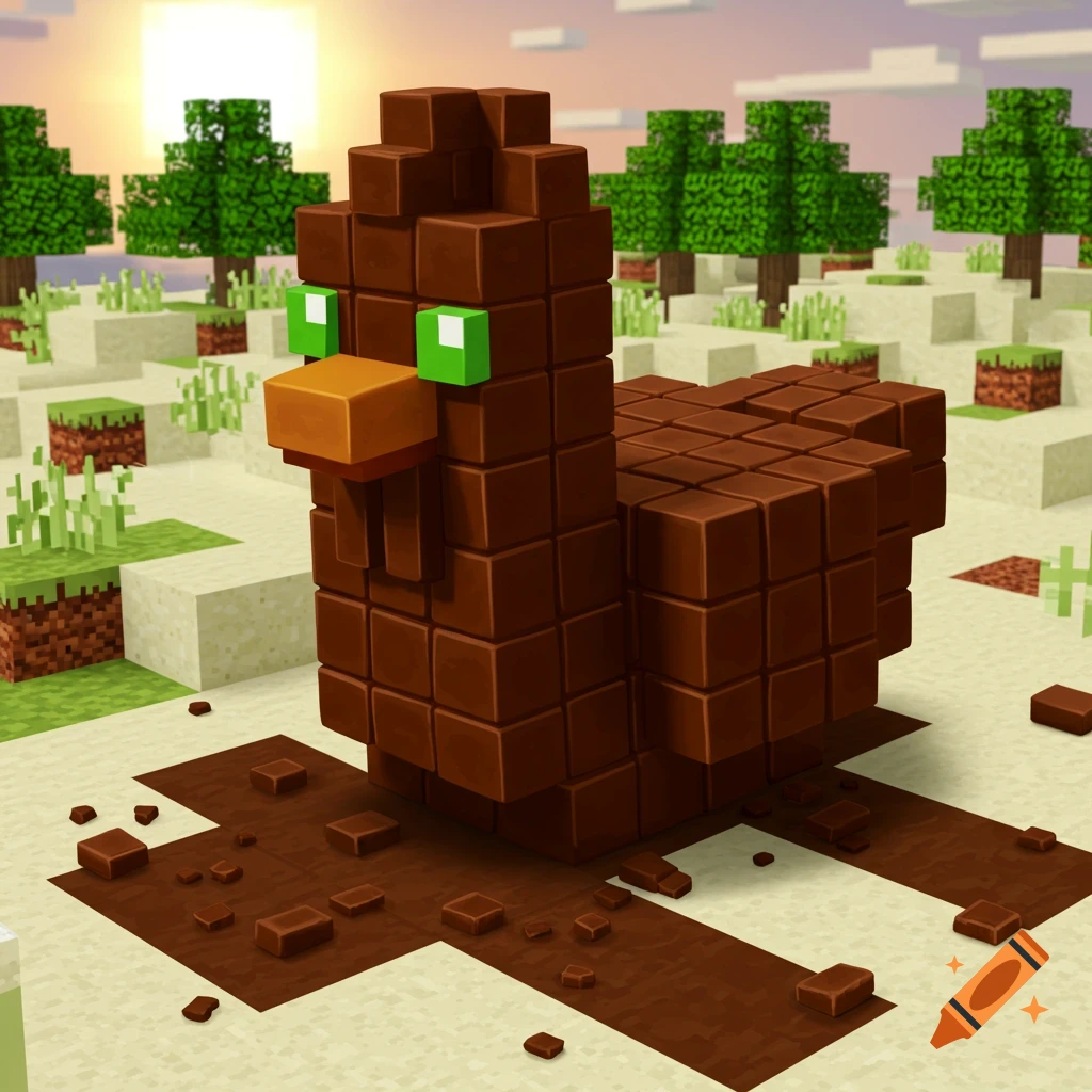 A blocky chocolate chicken in a Minecraft-style desert landscape with trees and a sunset.