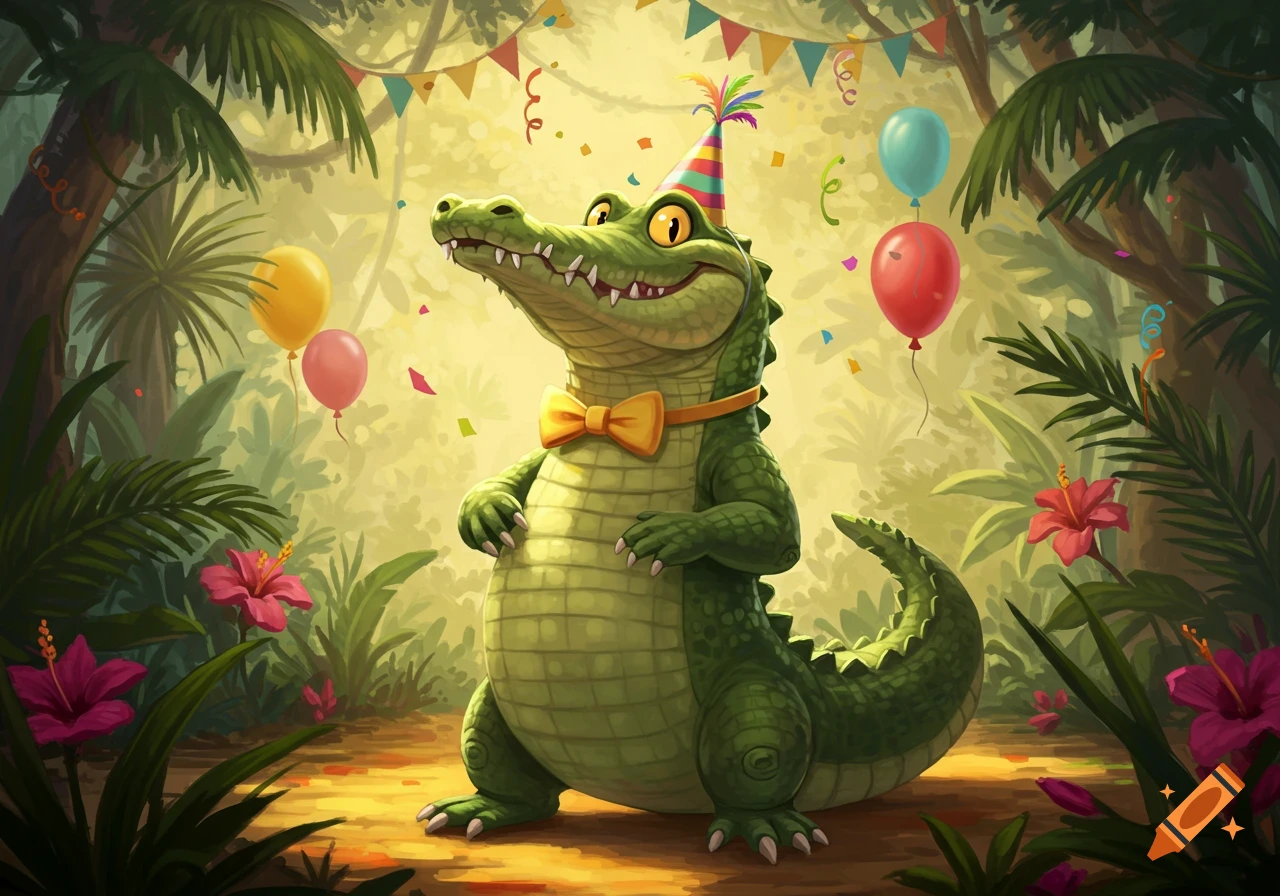 A cartoon alligator wearing a party hat and a bow tie stands in a vibrant jungle with balloons and confetti.
