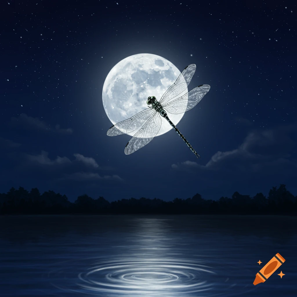A close-up of a dragonfly flying in front of a large full moon over a lake at night, with stars and clouds.