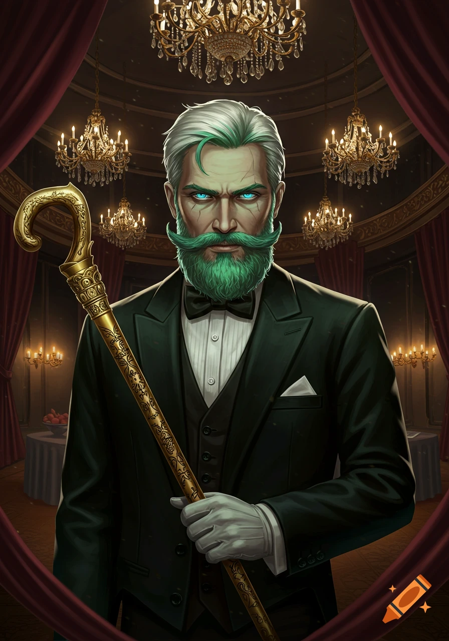 A stylized portrait of a white-haired man with a green beard and glowing blue eyes, holding a gold cane in a grand room with chandeliers.