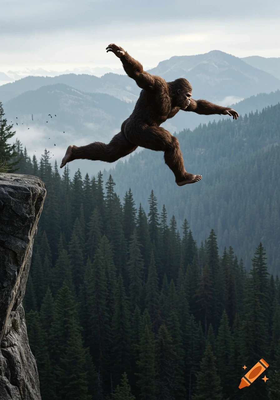 A large, hairy Bigfoot leaps from a cliff over a vast forested mountain range under an overcast sky.