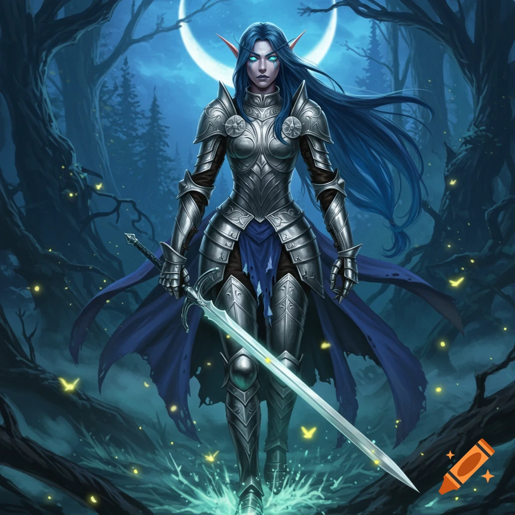 A blue-haired female moon elf paladin in silver armor holding a glowing sword, standing in a dark, moonlit forest.