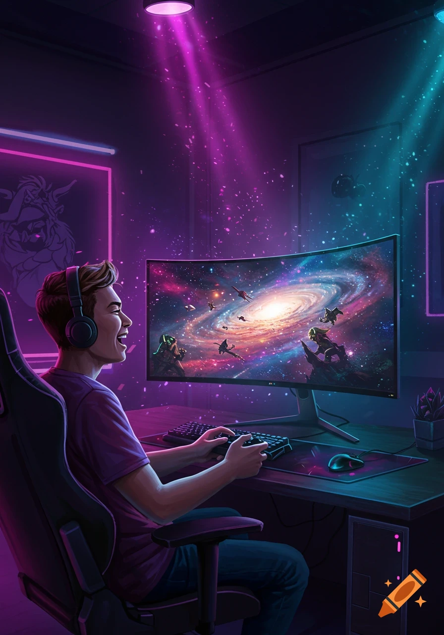 A young man wearing headphones smiles while playing a sci-fi game on a curved monitor in a neon-lit room.