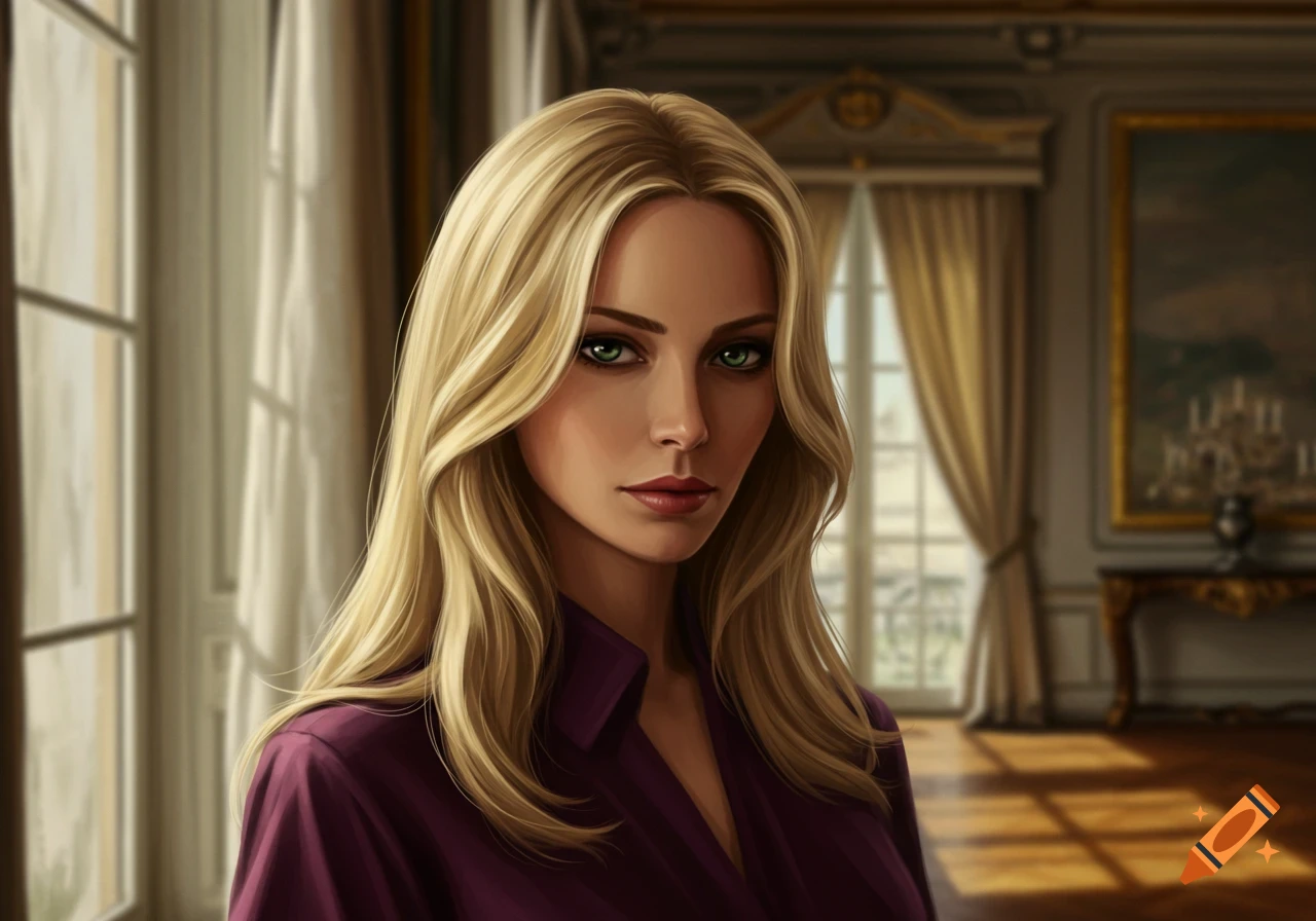 A digital painting of a blonde woman with green eyes in a purple blouse, standing in an elegant room.