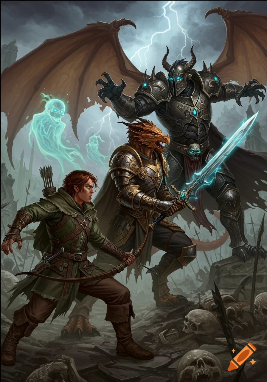 A human ranger and a dragonborn paladin battle a death knight in a stormy, post-apocalyptic landscape with lightning and ghostly figures.