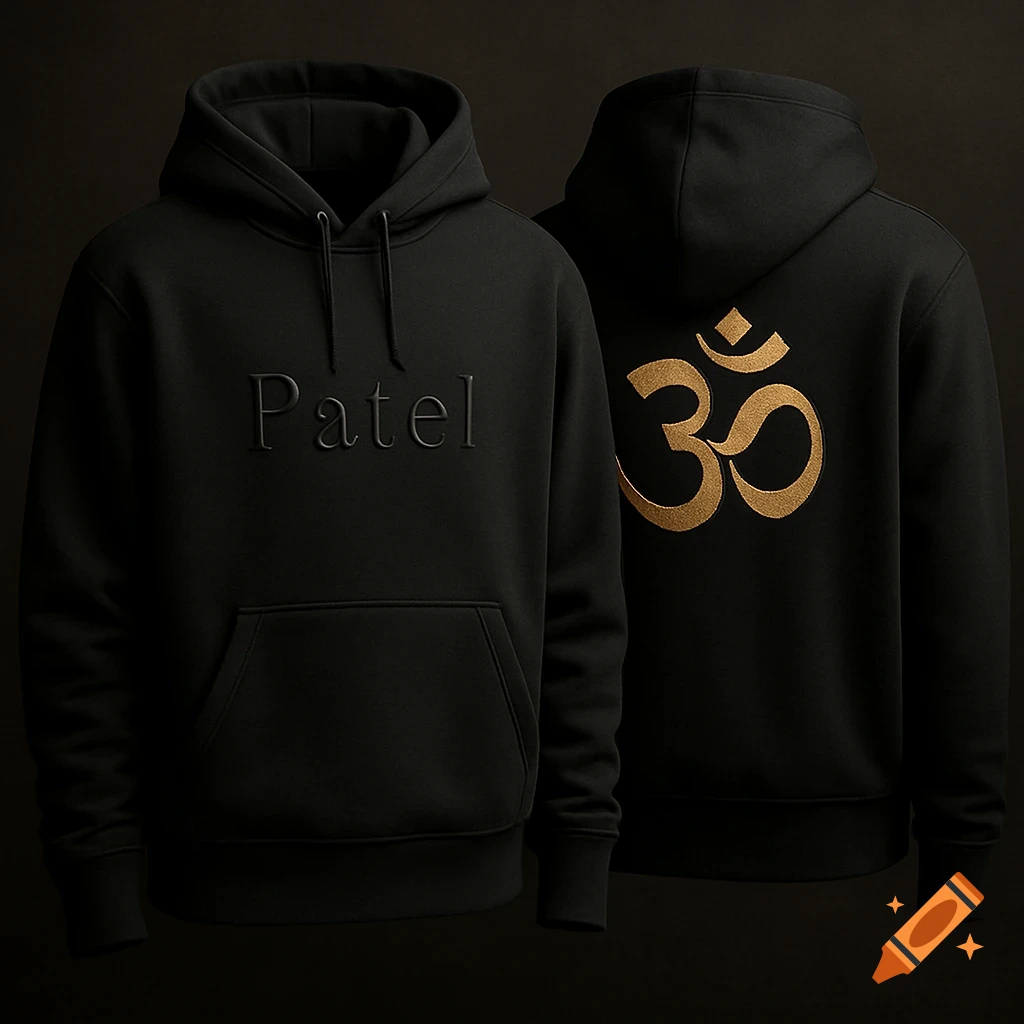 Two black hoodies, one with embossed 'Patel' text on the front and the other with a gold Om symbol on the back, against a dark background.