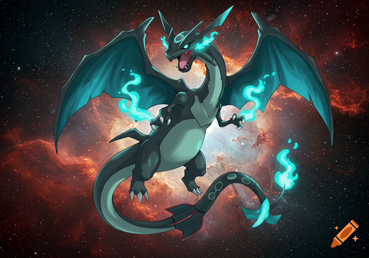 A dark grey and teal dragon-like creature with glowing blue flames against a vibrant space nebula background.