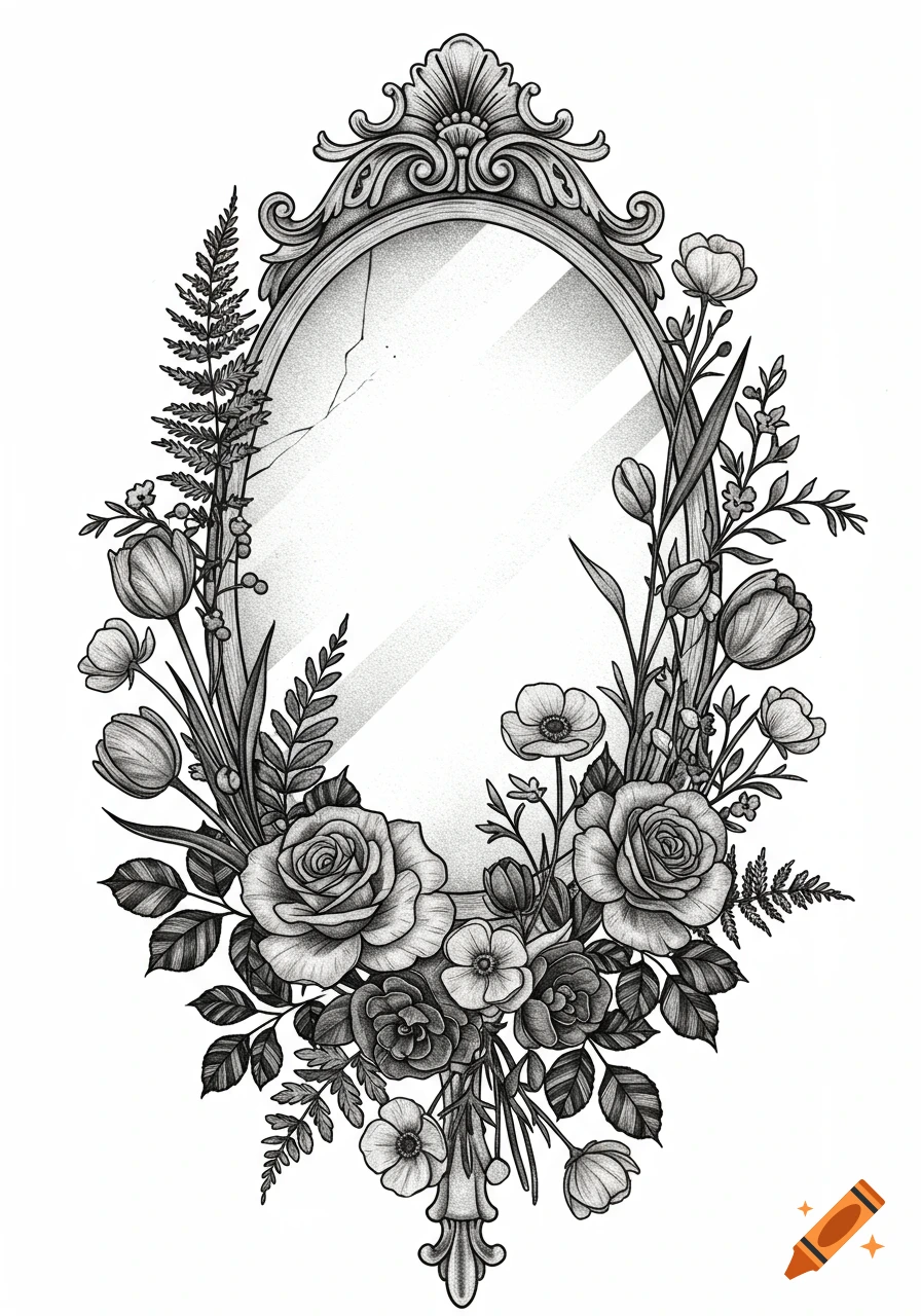 A black and white drawing of an ornate, oval mirror with a cracked surface, surrounded by lush roses, tulips, ferns, and other flowers.