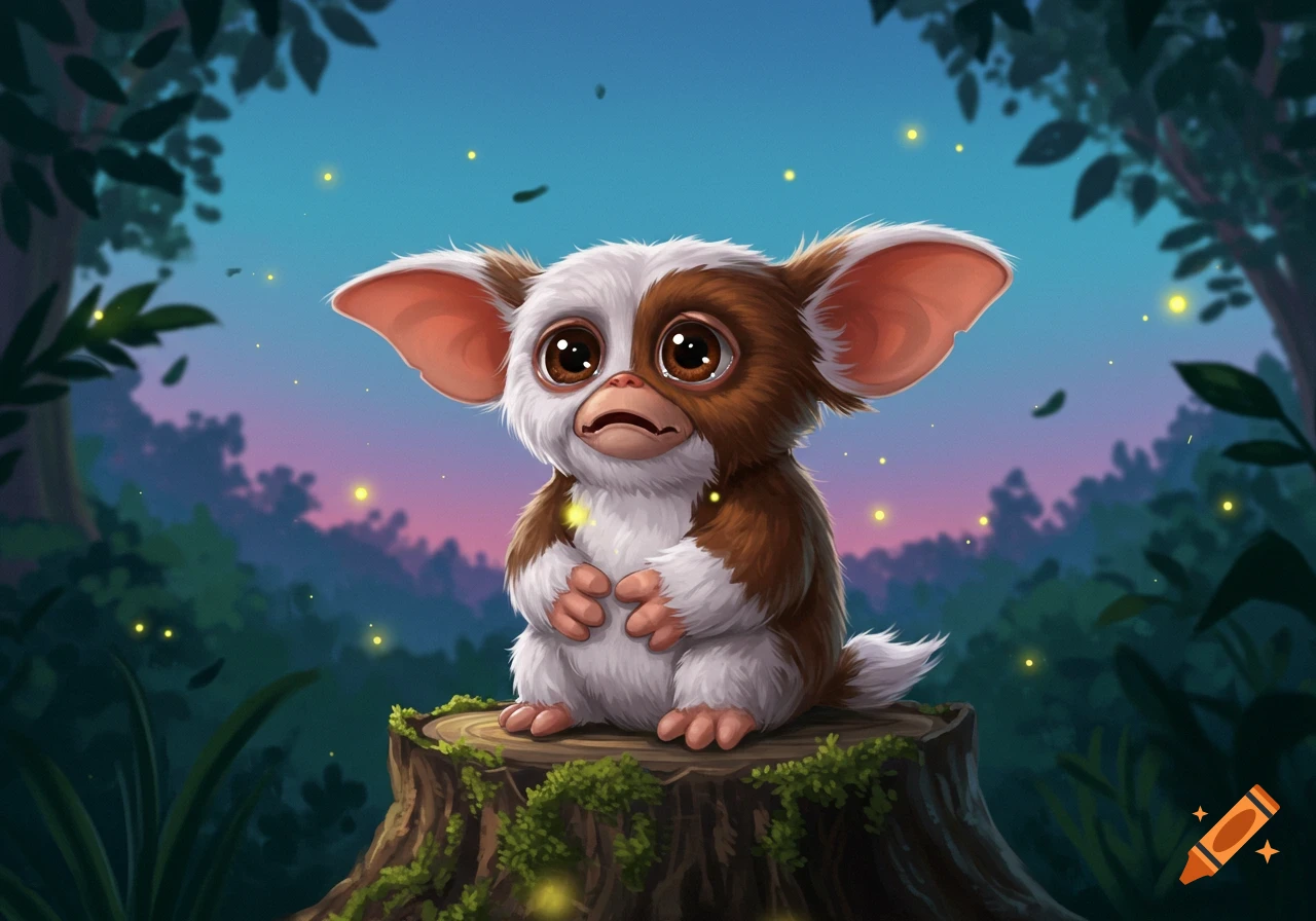 A cute, furry creature with large eyes and ears, resembling Gizmo, sits on a tree stump in a magical forest at dusk with fireflies.