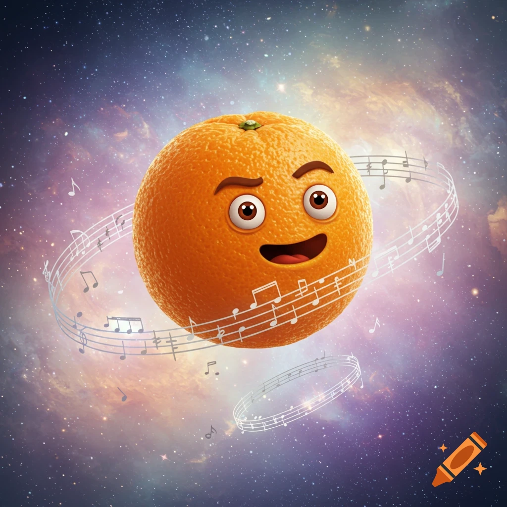 A happy cartoon orange with a face floats in a cosmic galaxy, surrounded by swirling white musical notes and staves.