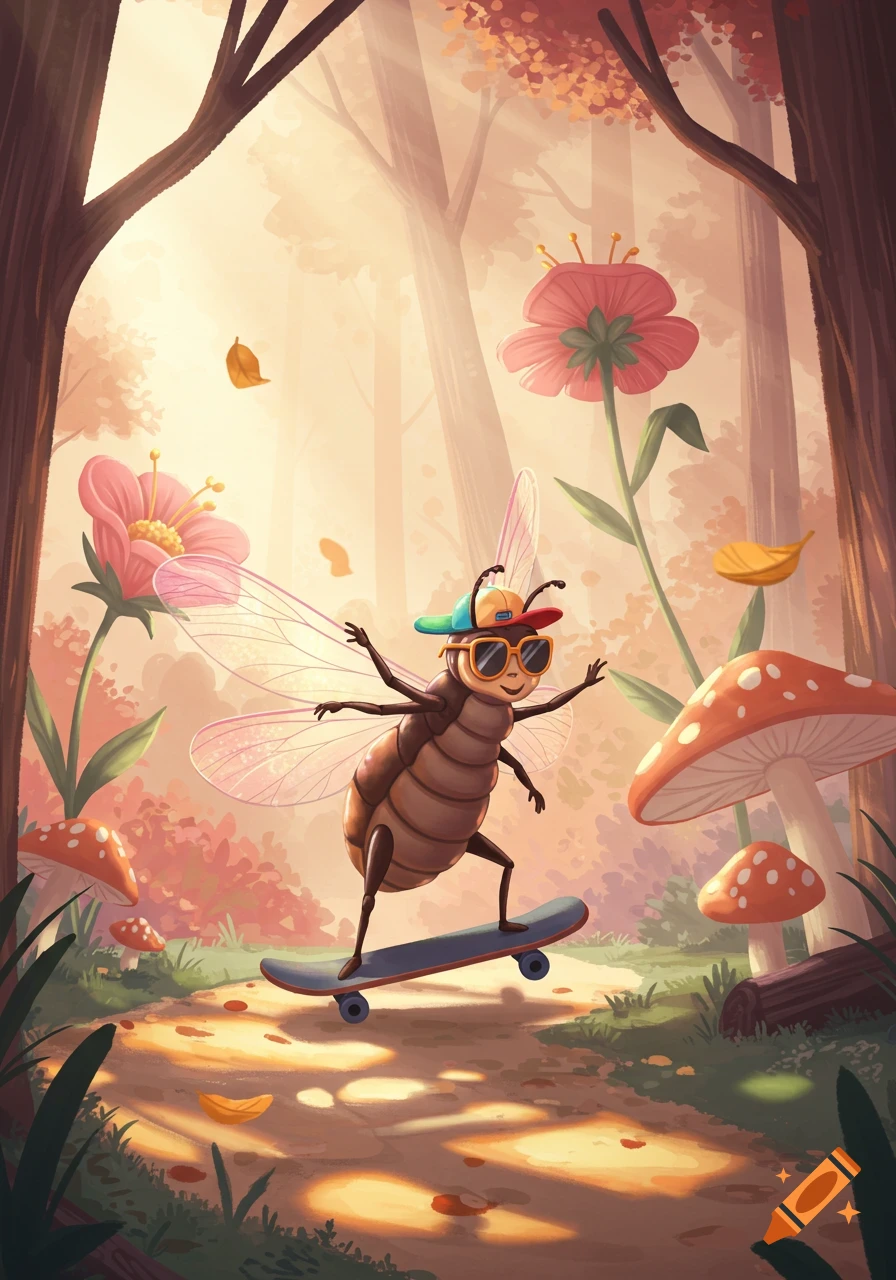 A colorful cartoon bug wearing sunglasses and a hat skateboards on a dirt path through a sunlit forest filled with large flowers and mushrooms.