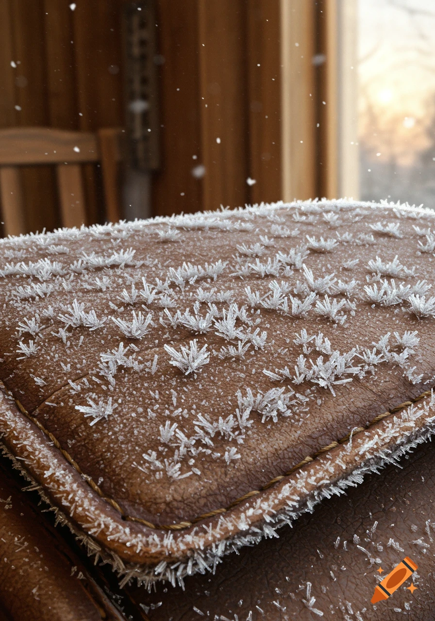 Close-up of a brown leather surface covered in delicate white frost crystals.