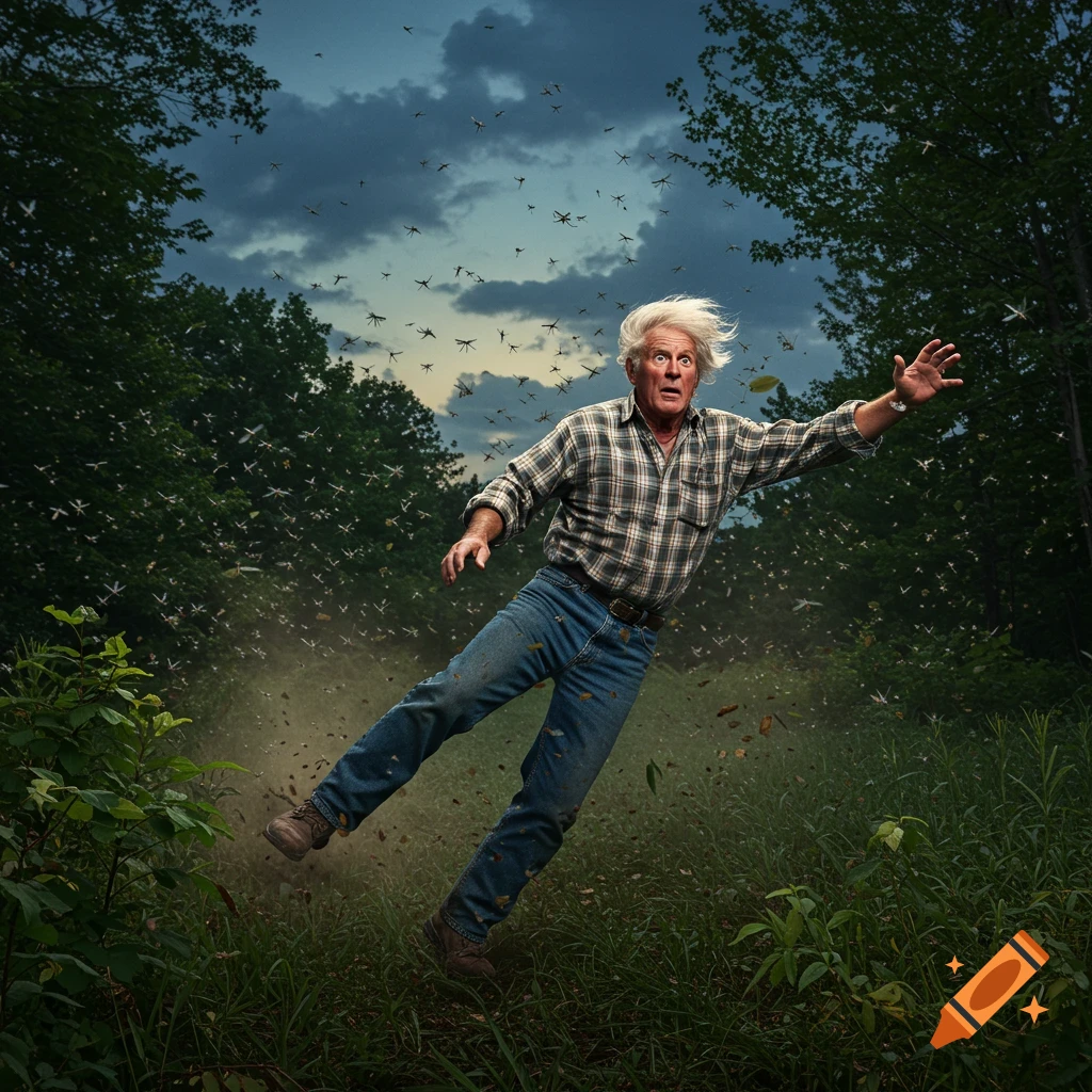 A hyperrealistic photo of an older man with wind-blown hair, startled and off-balance, amidst a dense swarm of flying insects in a forest.