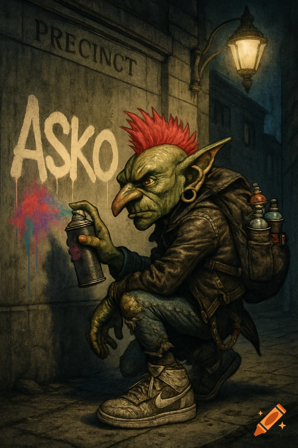 Green goblin with a red mohawk and punk clothes spraying 'ASKO' graffiti on a dark city wall.