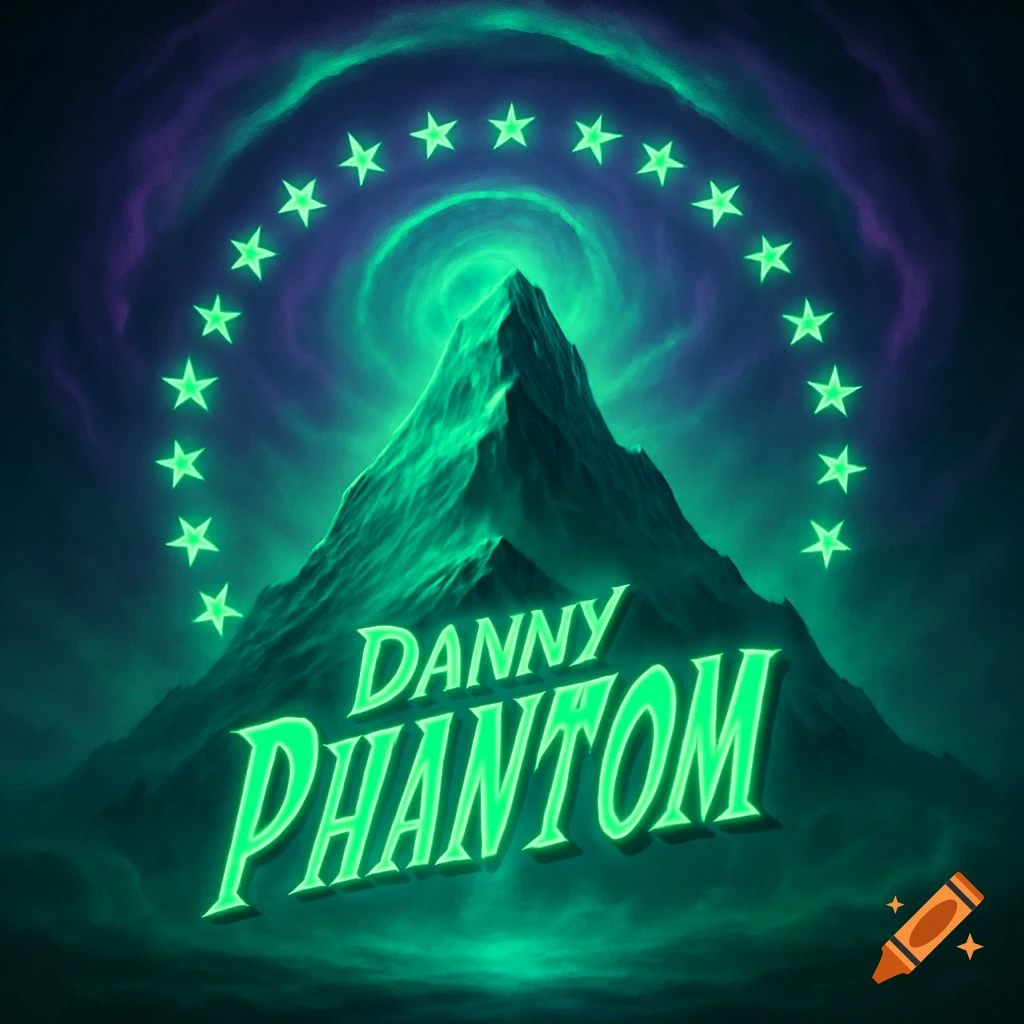 A dark, stylized mountain with a glowing green peak, encircled by a halo of glowing green stars, above the text "DANNY PHANTOM" in a bright green, stylized font. The background features swirling purple and green light, reminiscent of a nebula.