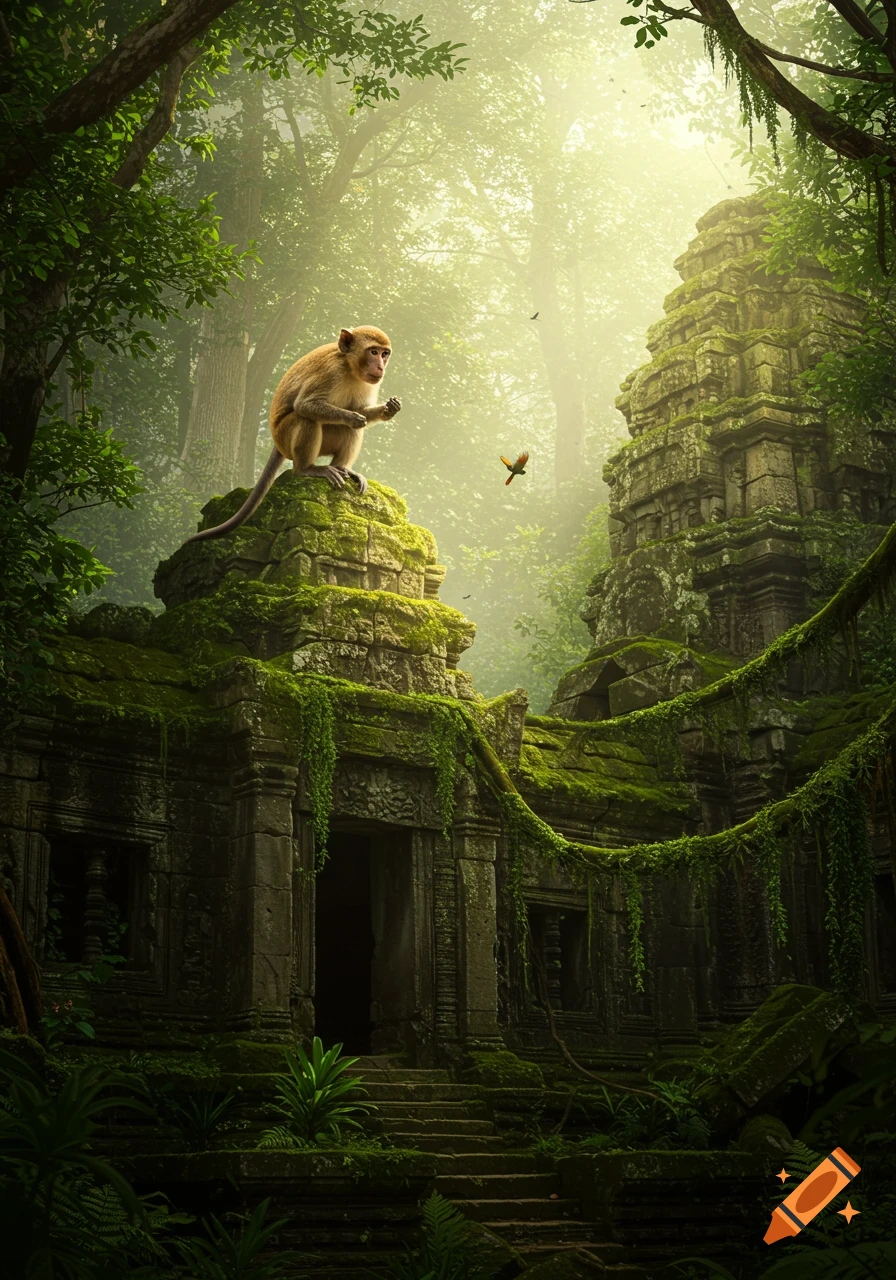 A monkey sits atop moss-covered ancient ruins in a sunlit, overgrown jungle, with a small bird flying nearby.