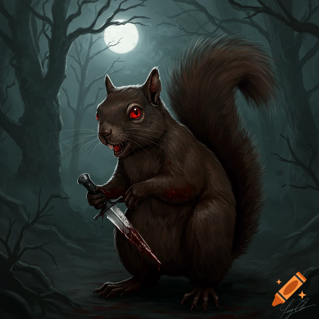 A dark, menacing squirrel with glowing red eyes holds a bloody dagger in an eerie, moonlit forest, digital painting.