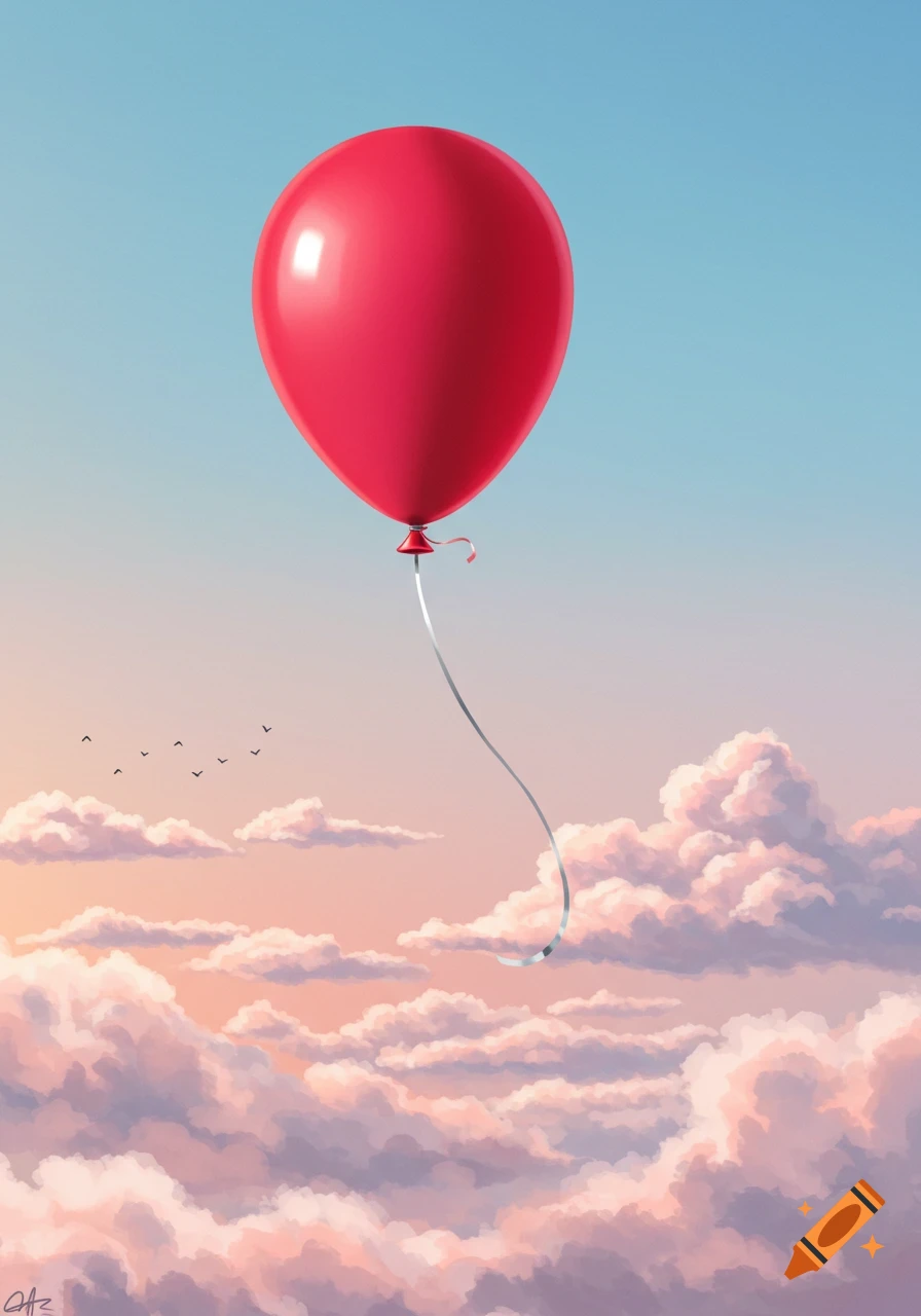 A vibrant red balloon with a white string floats against a bright blue and pink sky filled with fluffy clouds.