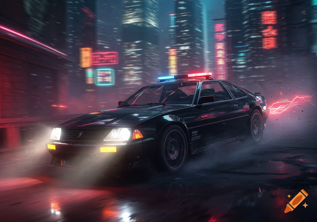 A futuristic black police car with blue and red lights on the roof drives through a neon-lit cyberpunk city street at night.