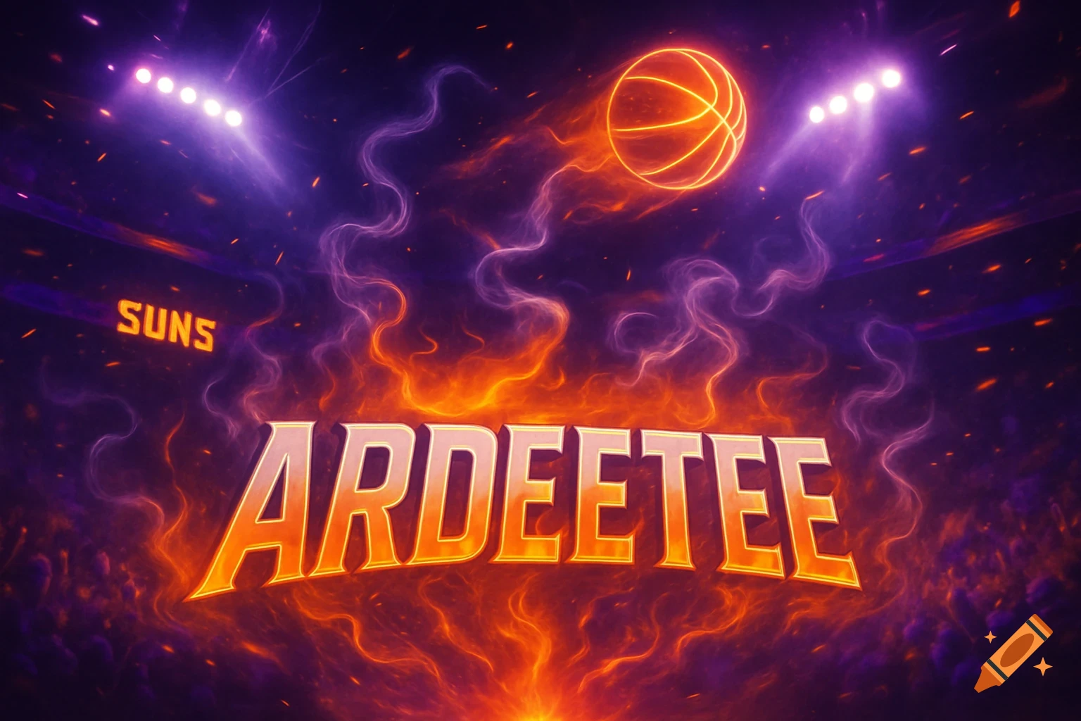 A fiery basketball and stadium lights illuminate a dark court with the glowing words 'ARDEETEE' and 'Suns' in orange and purple tones.