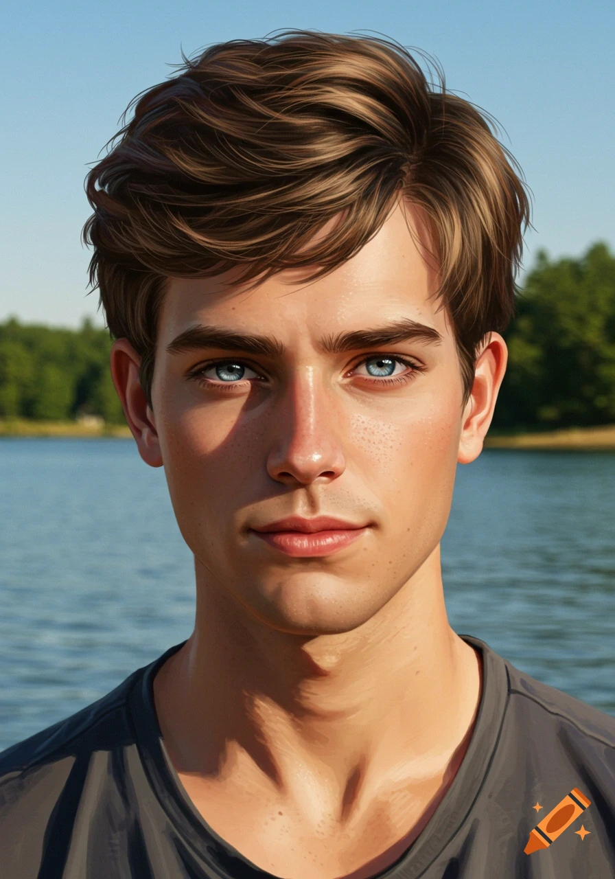 A realistic portrait of a young man with brown hair and blue eyes, by a lake with trees in the background.