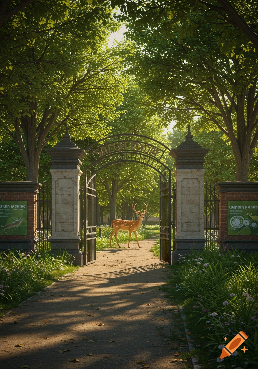 A photorealistic spotted deer stands on a sunlit path through an open ornate gate at a zoo entrance surrounded by lush green trees.