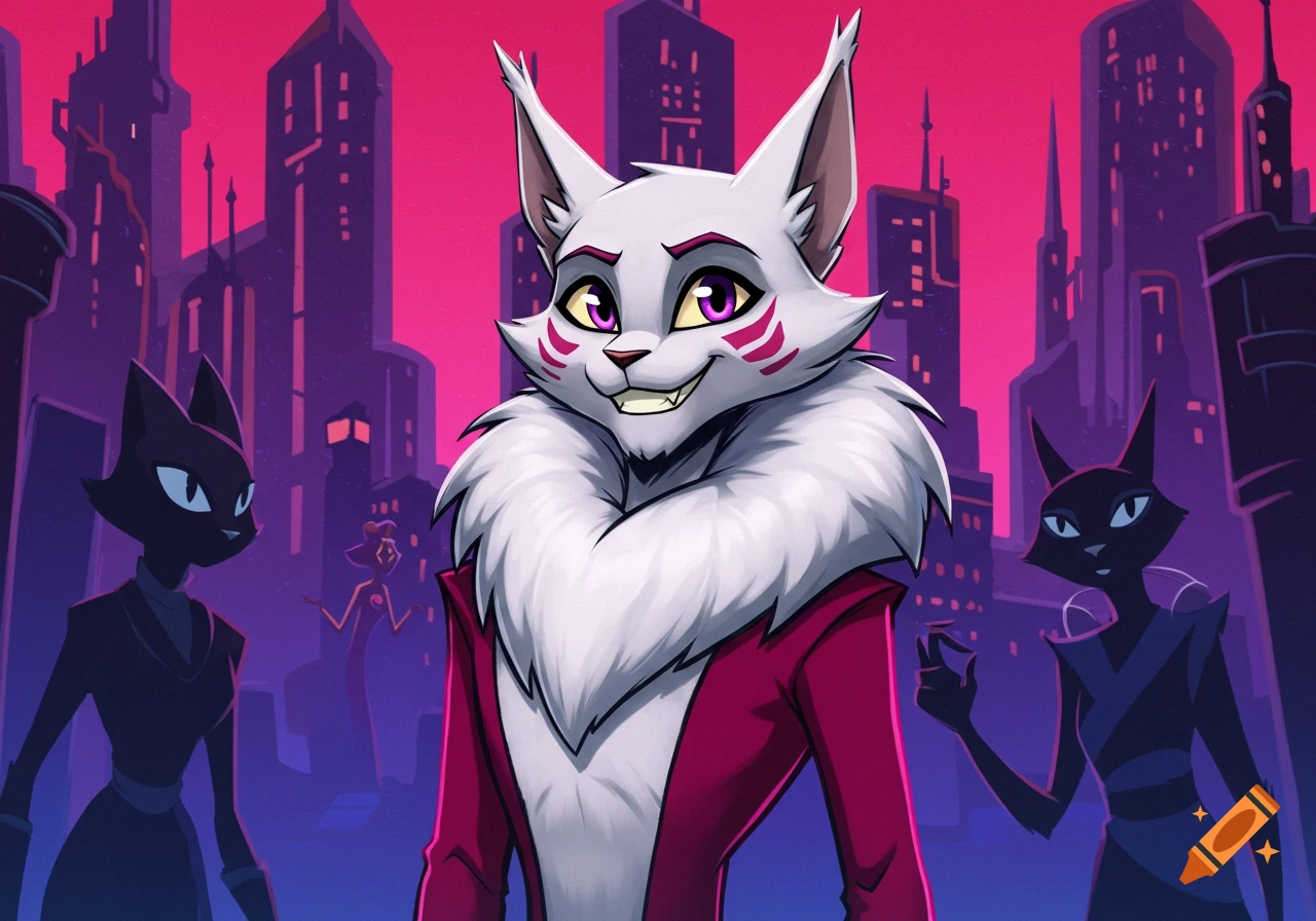 A smiling white anthropomorphic cat with purple eyes and a fluffy mane, wearing a red coat, stands before a vibrant purple cityscape with a pink sky. Two shadowy black cat figures flank them.