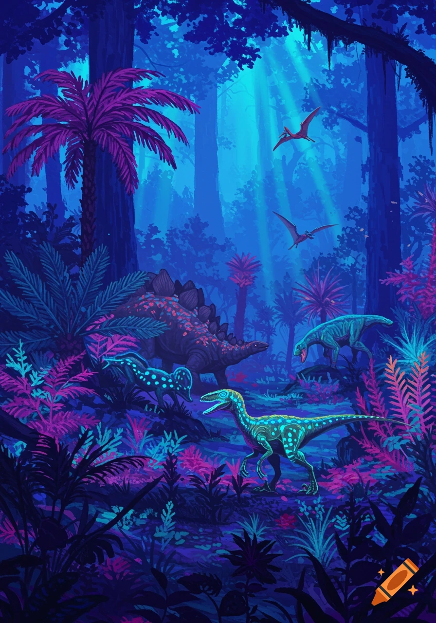 A vibrant, blue and purple prehistoric jungle scene with dinosaurs and pterosaurs among glowing plants.