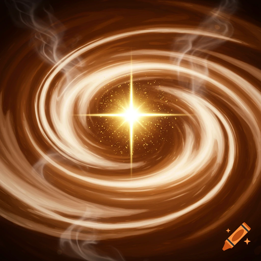 A bright, star-like light at the center of a swirling galaxy of brown and creamy white, resembling coffee.