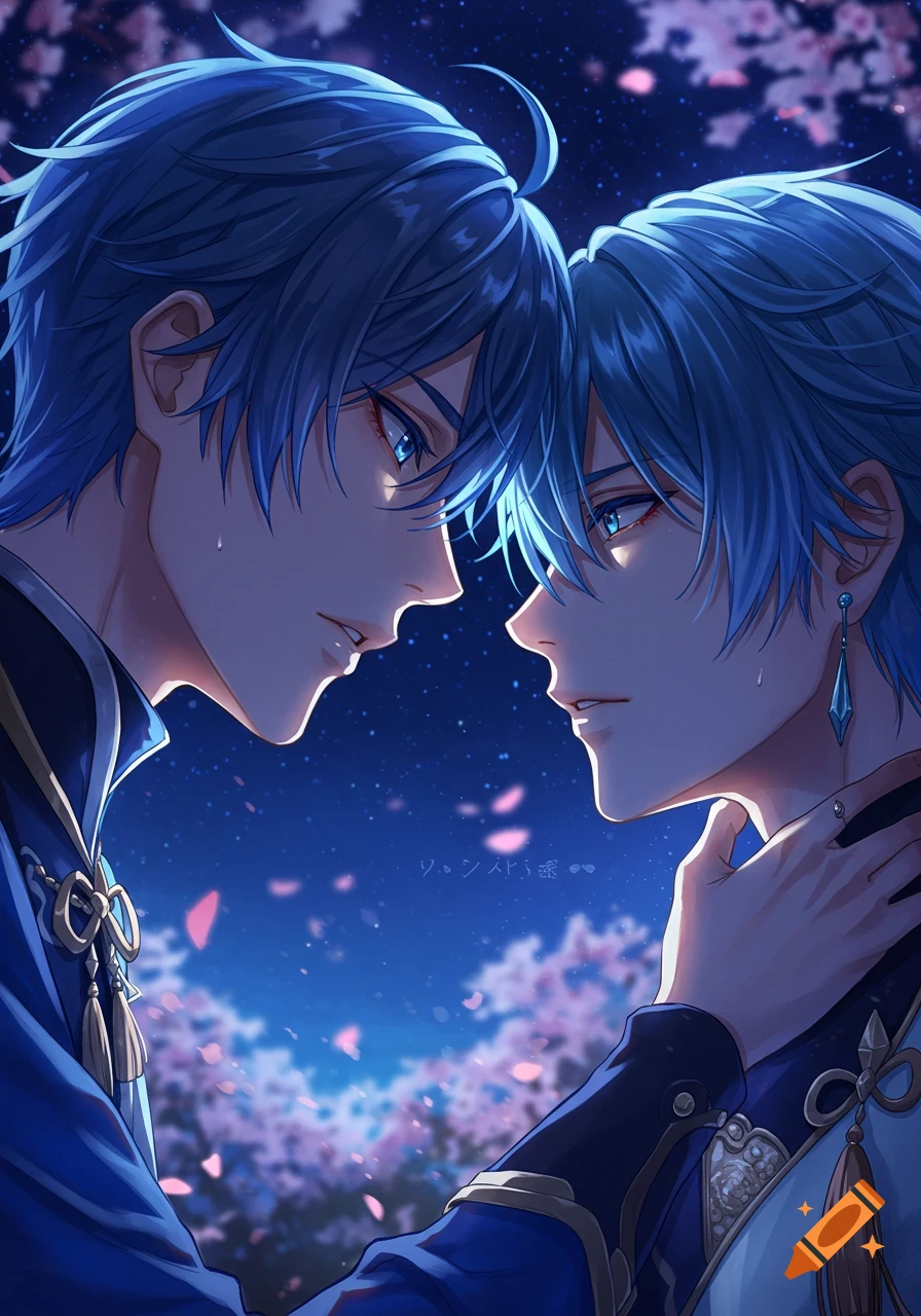 Two anime boys with blue hair intimately close under a starry night sky with falling cherry blossoms.