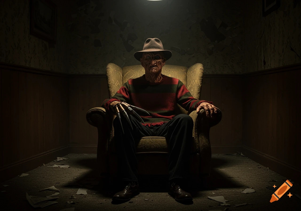 Photorealistic image of Freddy Krueger sitting in a dimly lit, rundown armchair in a dark room.