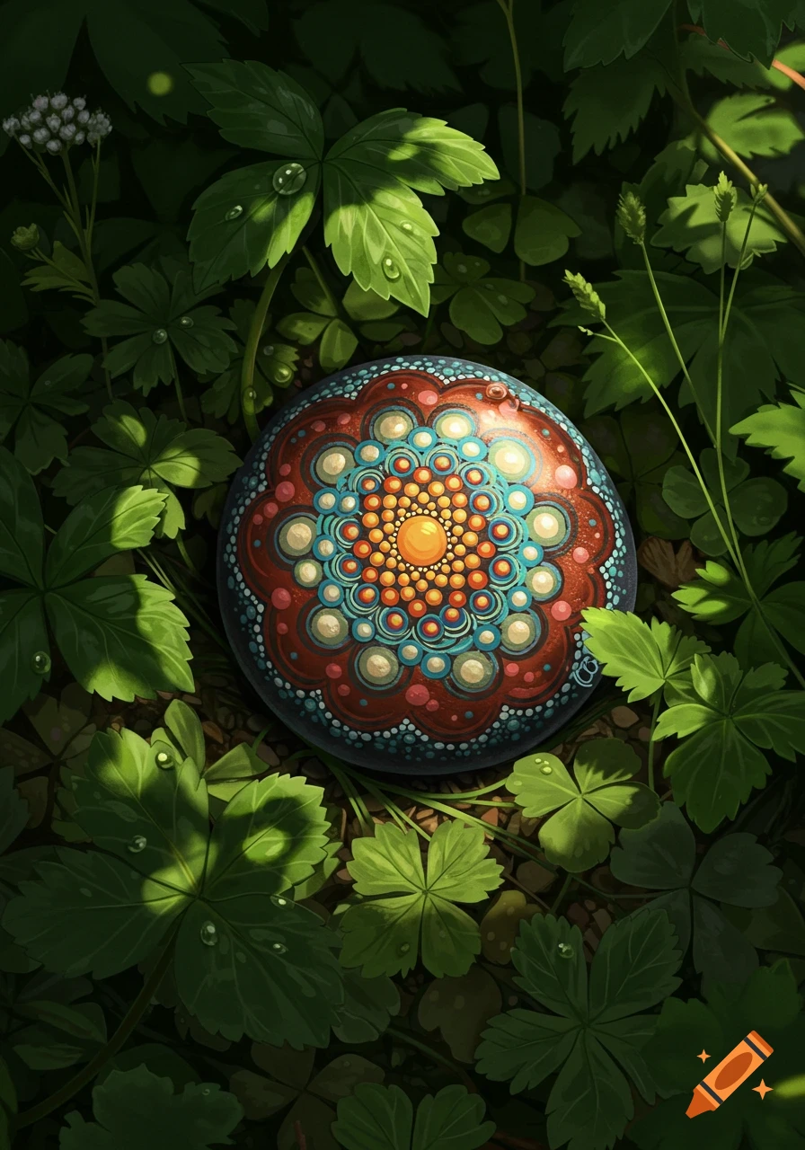 Painted mandala rock nestled in vibrant green foliage with dew drops.