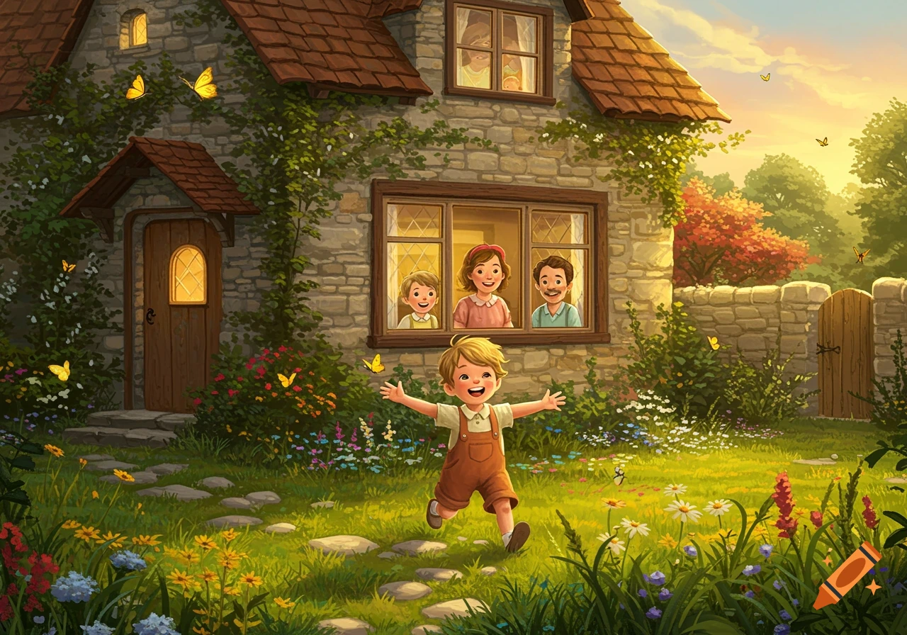 A joyful boy runs through a colorful garden filled with flowers and butterflies, with his family watching from a stone house window.
