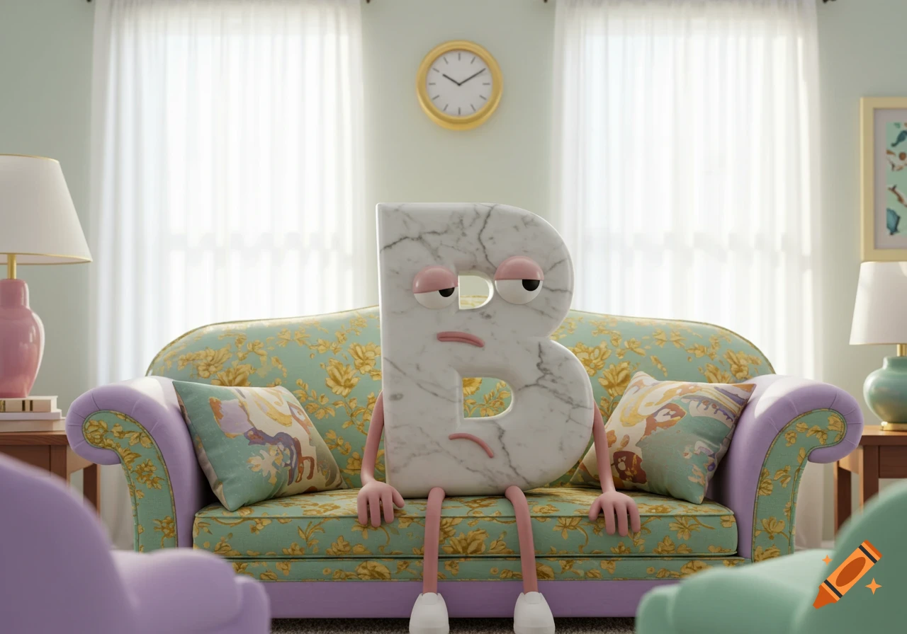 A bored, anthropomorphic uppercase letter B made of marble sits on a floral patterned couch in a bright living room.